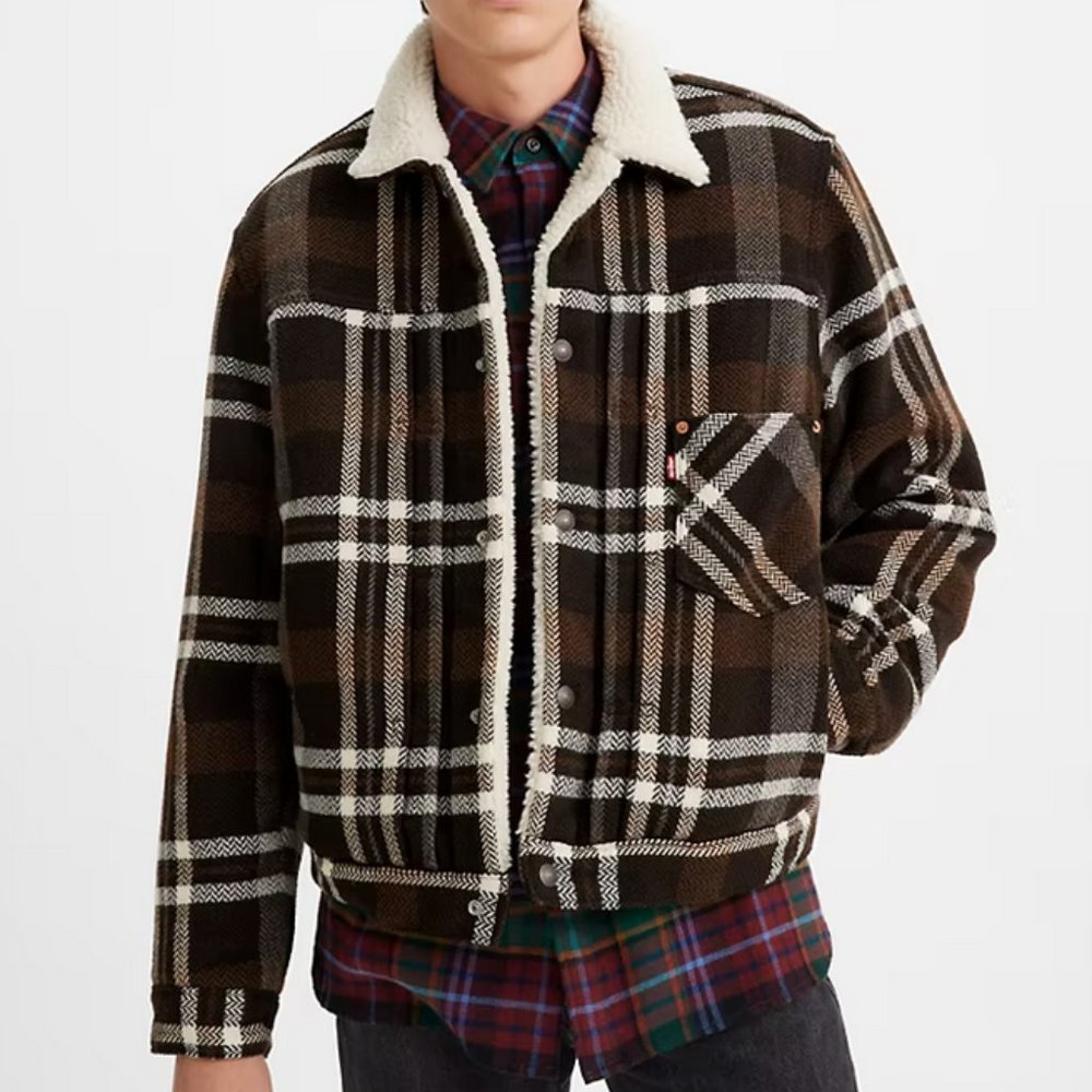 Levi's Premium Plaid Sherpa Trucker Jacket Rigid Brown Size XXL NWT